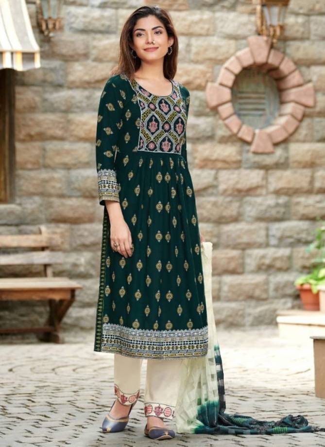 Green Colour Rangjyot Rang Manch New Latest Ethnic Wear Rayon Kurti With Pant And Dupatta Collection 1005